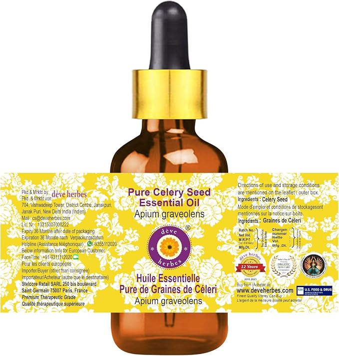 Deve Herbes Pure Celery Seed Essential Oil (Apium graveolens) with Glass Dropper Steam Distilled (Pack of Three) 100ml X 3 (10 oz)