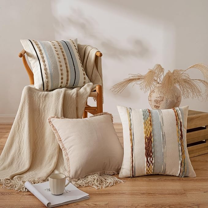 ANRODUO Boho Decorative Pillow Covers 24x24 Light Blue Stripe Pack of 2 | Euro Throw Pillow Covers, Farmhouse Cushion Case, Chenille Pillow Cases, Pillow Covers, Neutral Pillowcase for Sofa Couch Bed