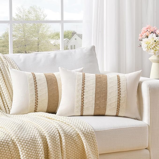 Fancy Homi Set of 1 Tan Neutral Long Lumbar Decorative Throw Pillow Cover 16x24 Inch for Couch Bed Sofa Chair, Modern Organic Farmhouse Boho Home Decor, Soft Cotton Cute Accent Rectangle Cushion Case