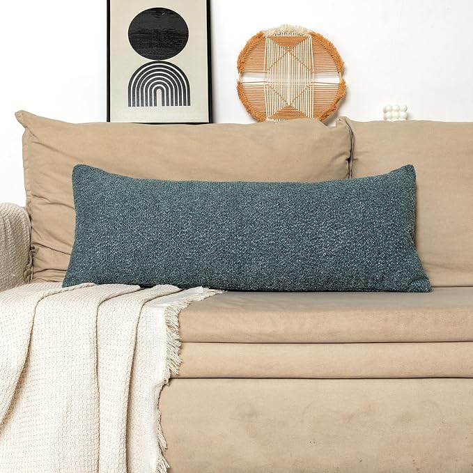 JoraLion 14x36 Boucle Lumbar Pillow Cover, Dusty Blue Woven Texture Neutral Long Pillow Cover Breathable Cushion Case for Couch Sofa Bed Living Room Home Decor (Cover Only)