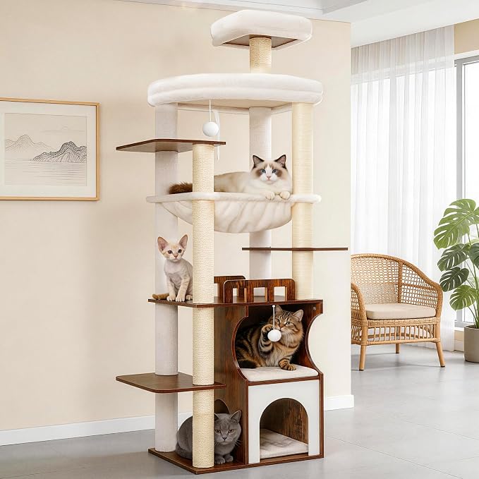 Modern Cat Tree Tower, 2-Layer Condo & Perch, Big Hammock 102SR | 70.9''Wood Cat Tower House Large Platform with Safe Guardrail for Indoor Cats Adult, All Sisal Scratching Post, Rustic Brown