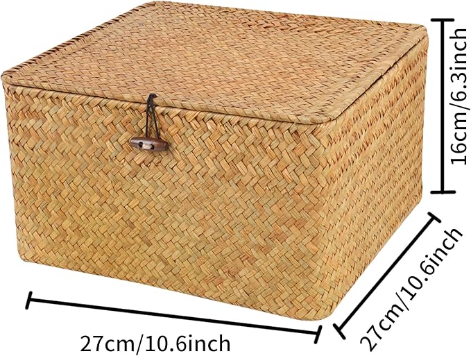 Moosky Wicker Shelf Baskets with Lid, Handwoven Seagrass Storage Basket Bins Square Gift Boxes for Shelves Home Decor Organizer (Natural, Large)