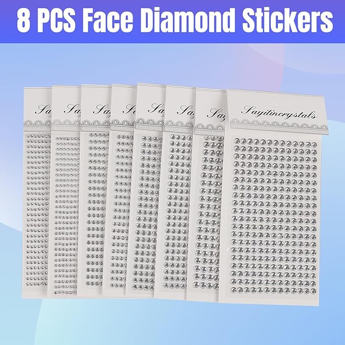 8 Sheets Rhinestone Stickers，3584 Pcs Gem Stickers for DIY Face Eyes Makeup Hair（Silver-3/4/5/6mm）