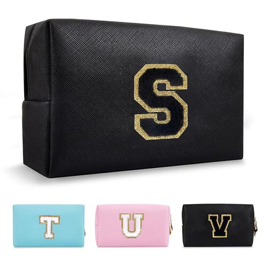 Personalized Initial A-Z Preppy Patch Makeup Bag,Small PU Chenille Letter Cosmetic Bag with Zipper for Teen Girls,Black Cute Toiletry Organizer Bag,Monogram Makeup Case Gift for Women Girls,Letter S