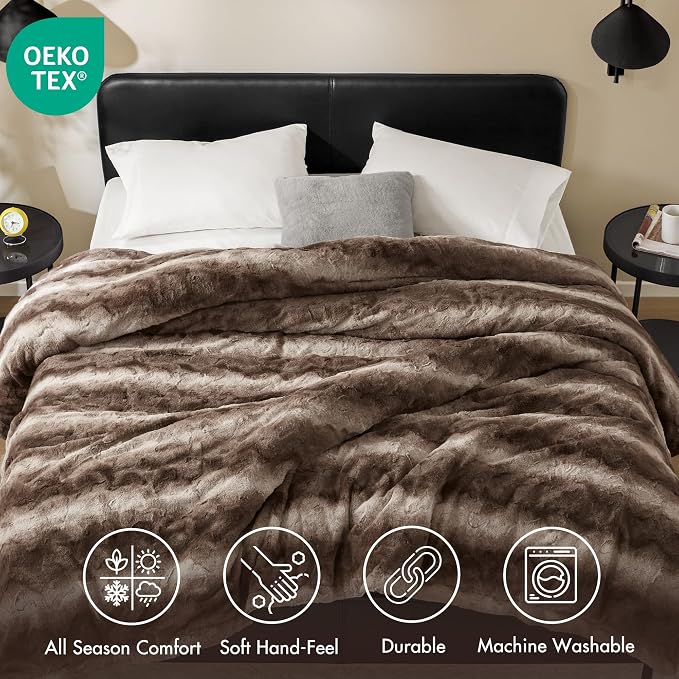 Madison Park Zuri Ultra Soft Faux Fur King Blanket Reversible, Brown | Ultra Soft, Breathable Fabric for Bed or Couch, Lightweight, Plush, OEKO-TEX Certified