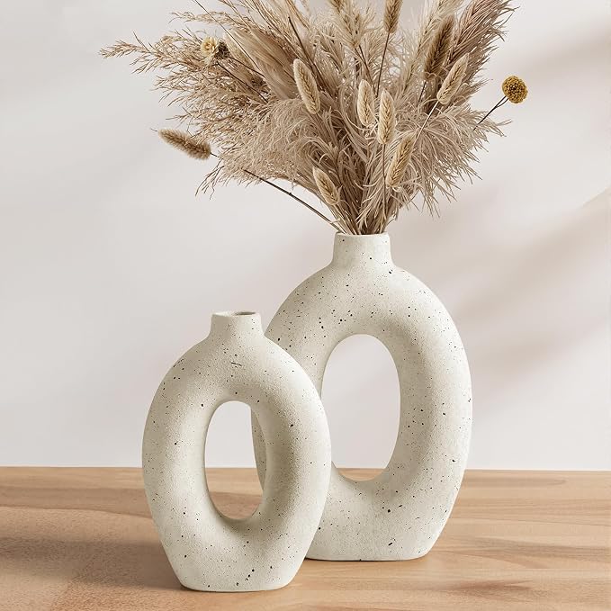 LE TAUCI Ceramic Vases Set of 2, Cream Hollow Donut Flower Vases, Nordic Boho Decor Decorative Centerpiece for Living Room, Table, Shelf, Mantel, Warm Ivory Speckled (H10.5”xW8.5”)