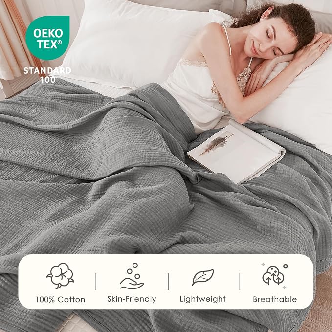 EMME Muslin Blankets for Adults Throw Blanket for Couch Breathable Gauze Soft Lightweight Airy Dark Grey Throw 50"x60"