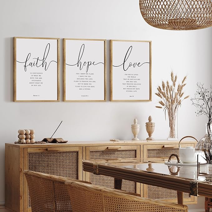 Houmury 3PCS Framed Faith Hope Love Bible Verses Wall Art Farmhouse Religious Quotes Wall Decor Inspirational Wall Art (Brown, 16"x24")
