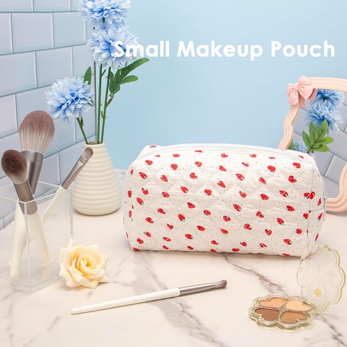 PAZIMIIK Small Quilted Makeup Bag,Zipper Cosmetic Pouch,Strawberry | Lightweight Cosmetic Bag Organizer for Women,Purse Storage Holds Makeup,Toiletries,Skincare,Beauty Essentials,Travel Items