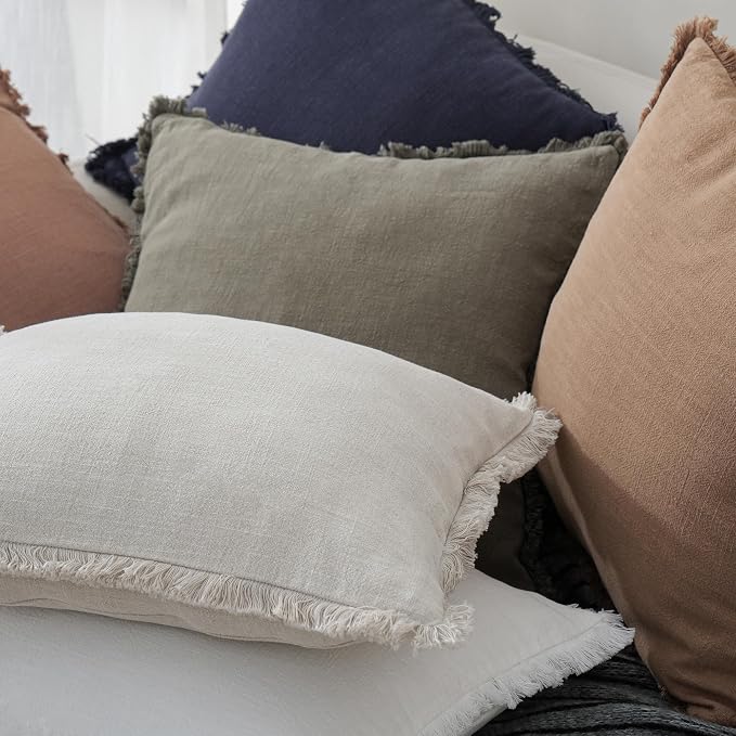 Foindtower Lumbar Decorative Linen Fringe Throw Pillow Covers 12×20 Beige | Set of 2 Cozy Accent Modern Pillowcase, Boho Farmhouse Soft Cushion Cover with Tassels, Home Decor for Sofa Couch Living Room