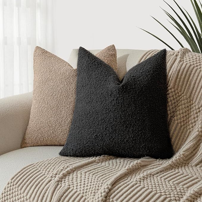 Foindtower Set of 2, Decorative Textured Boucle Throw Pillow Covers Accent Solid Pillow Cases Neutral Soft Cozy Couch Cushion Case for Chair Sofa Bedroom Living Room Home Decor 16 x 16 Inch Black