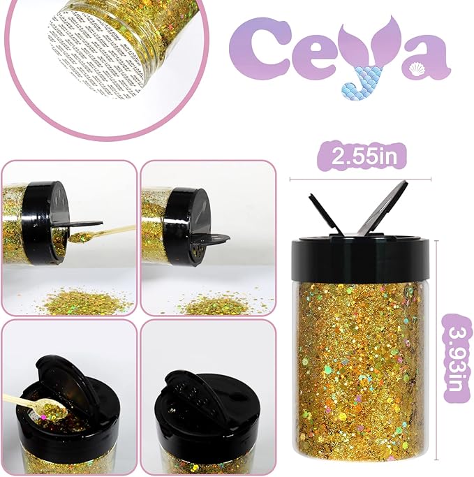 Ceya Holographic Chunky Glitter, 4.9oz/ 140g Lazurite Gold Craft Glitter Powder Mixed Fine Flakes Iridescent Nail Sequins for Nail Art, Hair, Epoxy Resin, Tumblers, Slime, Painting, Festival Decor