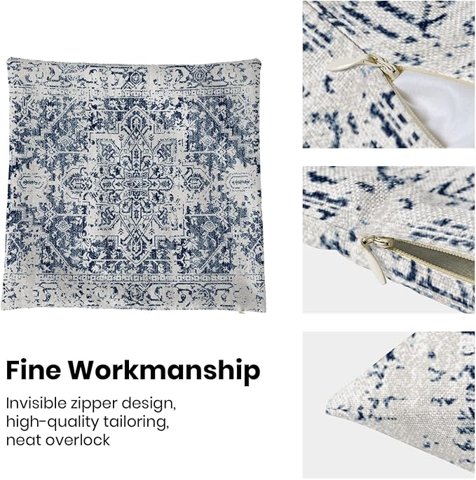 AEIOAE Boho Pillow Covers 18x18 Inch Set of 2,Carpet Pattern Throw Pillows Case,Blue White Ethnic Design Outdoor Decorative Square Linen Farmhouse Decor Cushion Covers for Home Sofa Bed Couch