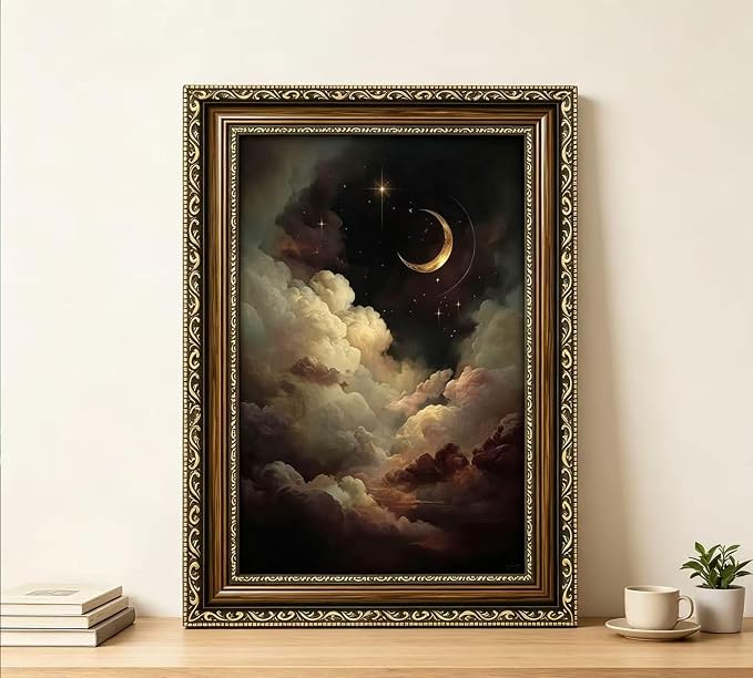 Vintage Gold Framed Crescent Moon Cloud Wall Art, Dark Academia Celestial Starry Sky Oil Painting Print, Antique Ornate Mystical Night Sky Wall Decor, Gothic Cottagecore Home Decor, 16x24in