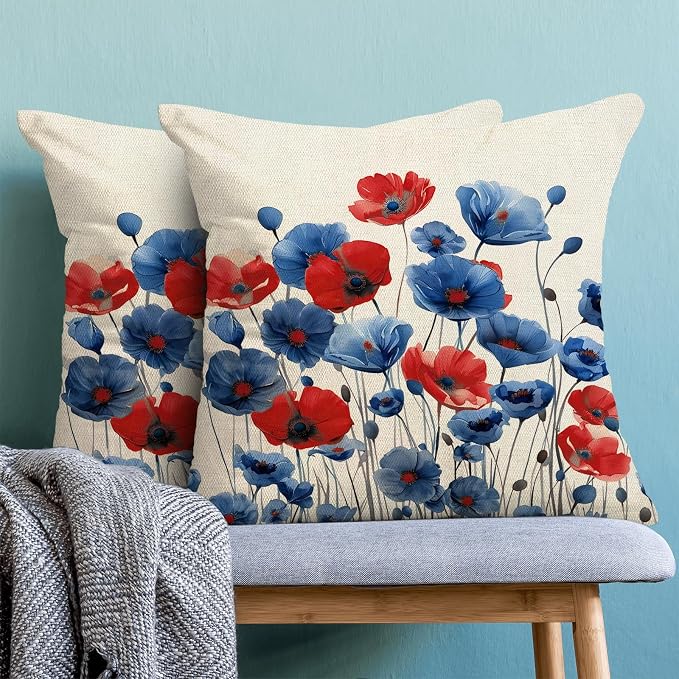 Spring Floral Pillow Covers 18x18 Set of 2 Blue Red Flower Decorative Throw Pillow Covers Decoration Summer Seasonal Pillowcase Farmhouse Decorative Cushion Cover for Home Sofa Outdoor Decorr