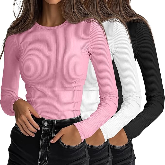 Ficerd 3 Pack Women's Ribbed Long Sleeve Tops, Crew Neck Slim Fit Undershirts Knit Basic Casual Stretch Layering Tee Shirts