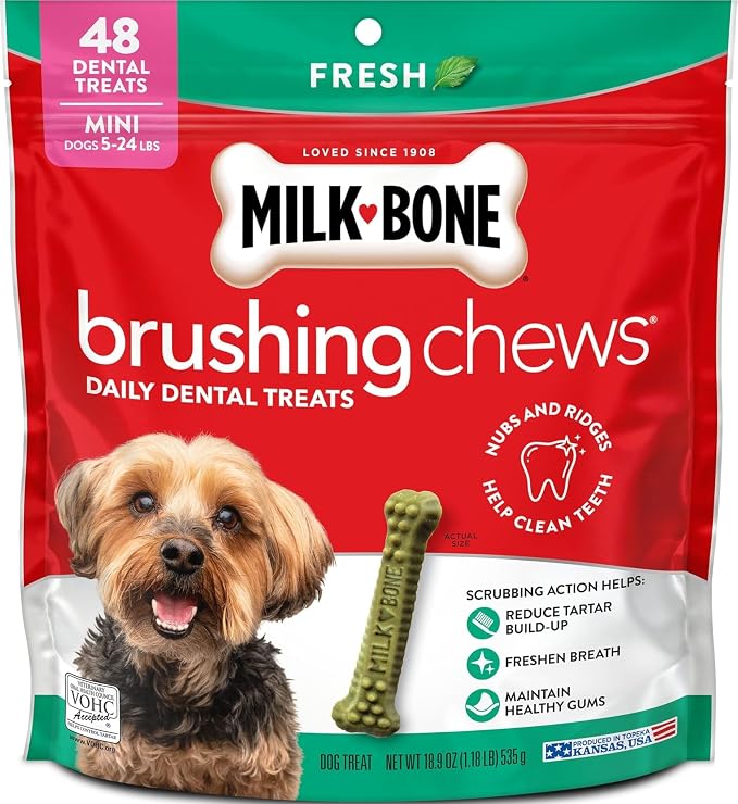 Milk-Bone Brushing Chews, Mini, Fresh Flavor, 48 Dental Treats | 18.9-oz. bag, Daily dental dog treats, For dogs 5-24 lbs., Fresh mint flavor