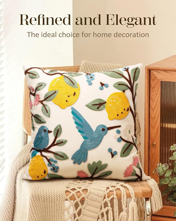 Embroidered Throw Pillow Cover 18x18 Inch, Bird Lemon | Decorative Pillow Cover, Farmhouse Cushion Case with Hidden Zipper, Cottagecore Decor for Couch, Sofa, Living Room, Bedroom