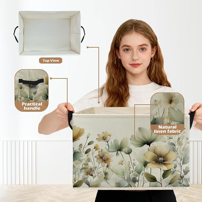 Rustic Floral Storage Box Bins, Sage Green Beige Cottagecore Wildflower Collapsible Storage Basket Organizer for Bedroom Nursery Laundry Room Home Clothes Books, Decor for Room