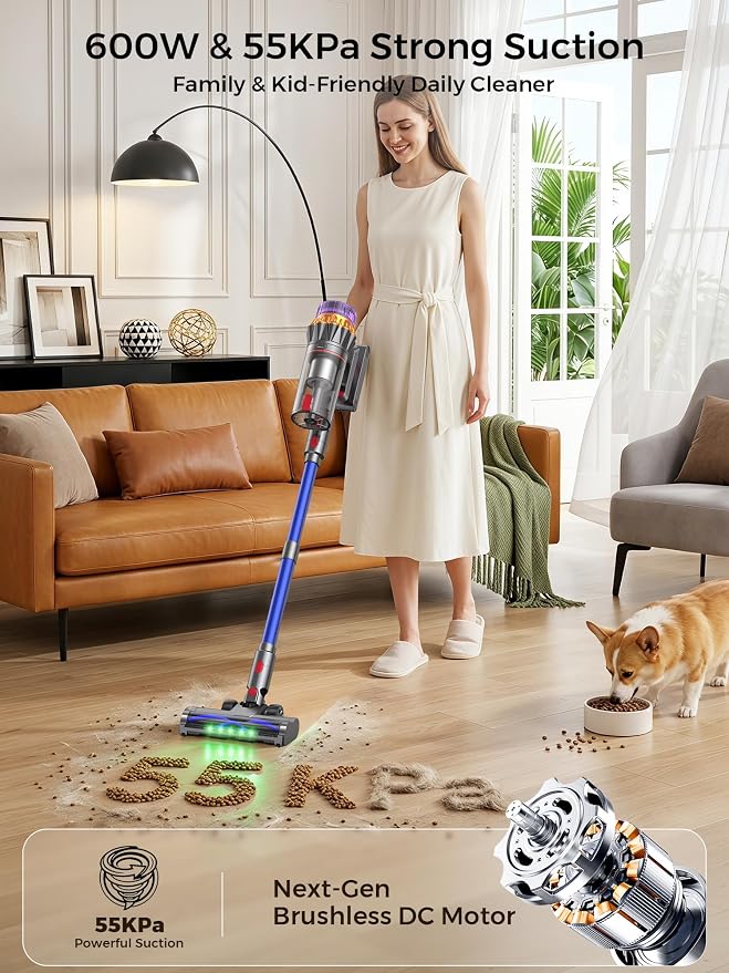 Cordless Stick Vacuum Cleaner, 600W 55Kpa 70Mins for Home, Pet Hair, Carpet | Self-Standing, Anti-Tangle Brush, Touch Screen, 6-in-1 Vacuum Cleaner, Green LED Dust Reveal, HEPA Filter, 1.5L Cup for Floor