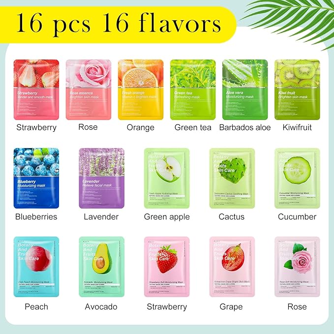 16 Pcs Sheet Face Masks Skincare for Most Skin Types, Combo Essence Hydraiting Facial Mask Set for Women Skin Care, Gifts Set for Home Spa(Assorted Styles,16 Pcs)