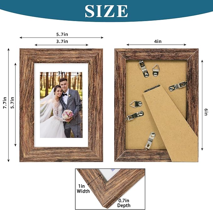 Hongkee 4x6 Picture Frame Set of 4, with Real Glass and Rustic Brown Wooden Frame, 4 by 6 Photo for Wall or Tabletop - Display Picture 3.5x5 with Mat or 4x6 Without Mat