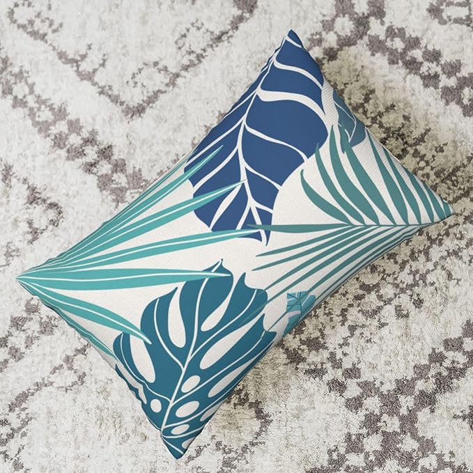 Tropical Pillow Covers 12x20 Set of 2 Navy Blue Aqua Teal Monstera Palm Leaf Pillowcase Summer Decorations Tropical Outdoor Throw Pillows Linen Decor Botanical Plant Cushion Case for Home Bed