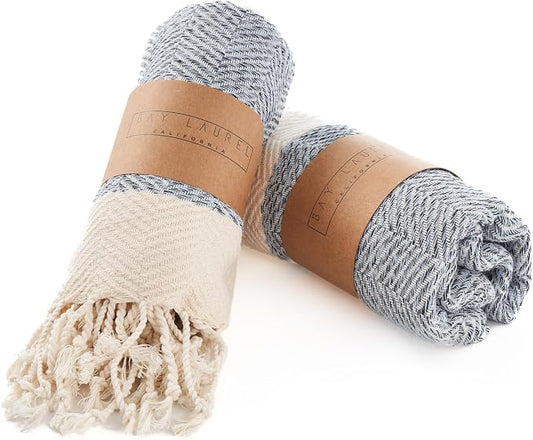 BAY LAUREL Turkish Hand Towel – Pack of 2 | Soft & Absorbent Decorative Towels for Bathroom, Hand, Face, Hair, Gym, Yoga, SPA, Kitchen & Tea | Boho Decor(Light Blue, Herringbone 15x26 Inches(Set of 2)