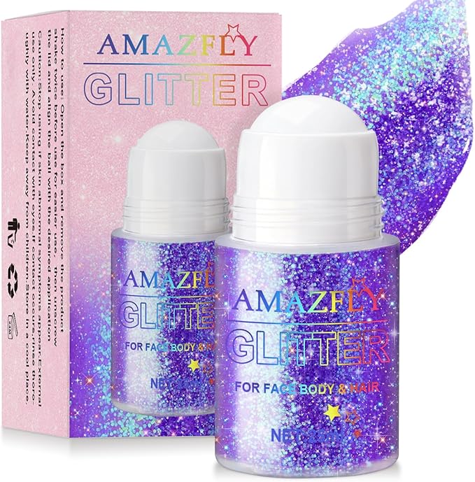 Roll-on Holographic Body Glitter Gel for Face and Hair, Chameleon Color Changing Glitter Gel Under Light, Chunky Mermaid Sequins Festival Party Rave Accessories Body Shimmer Makeup (Purple)