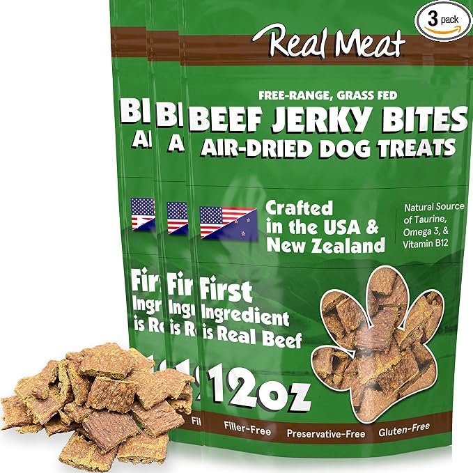 TRMC Real Meat Dog Treats - Three 12oz Bag of Bite-Sized Air-Dried Beef Jerky for Dogs - Grain-Free Jerky Pet Treats with 95% Free-Range, Grass Fed Beef - All-Natural High Protein Treats