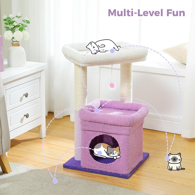 PEQULTI Indoor Cat Tree Tower Small Cats, Sisal Post & Cozy Condo, Purple | Private soft cat condo, soft top perch, natural sisal scratch posts, plush pom-pom toy for indoor kitties