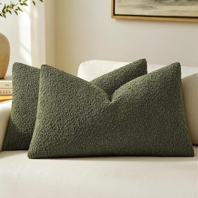 MIULEE 12x20 Decorative Lumbar Boucle Couch Pillow Covers Moss Green | Set of 2 Textured Neutral Throw Pillow Covers, Accent Solid Pillowcases, Sofa Living Room Home Decor