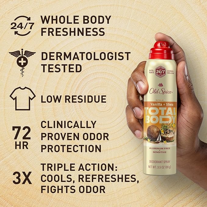 Old Spice Whole Body Deodorant Spray for Men, Aluminum Free, Vanilla + Shea Scent, 24/7 Odor Protection, 24/7 Lasting Freshness, Dermatologist Tested, Gentle on Skin, Safe to Use All Over, 3.5 oz
