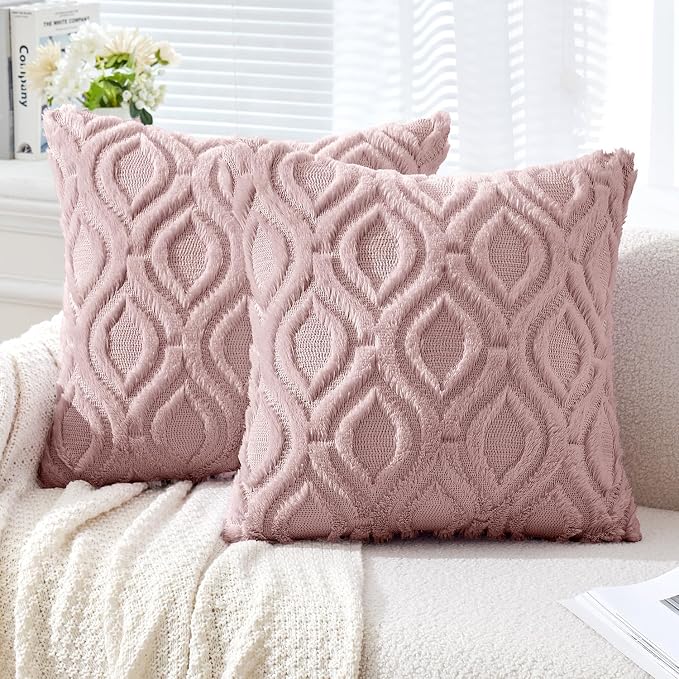 MIULEE Blush Pink Soft Plush Faux Wool Throw Pillow Covers 20x20 | Set of 2, Farmhouse Boho Home Decor, Decorative Cushion Covers for Sofa, Living Room, Bed