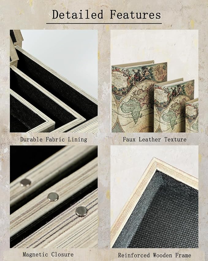 Decorative Wooden Book Boxes Set of 3, World Map Pattern, Antique Look with Magnetic Leather Cover, Hidden Secret Storage for Jewelry, Keepsakes, and Gifts