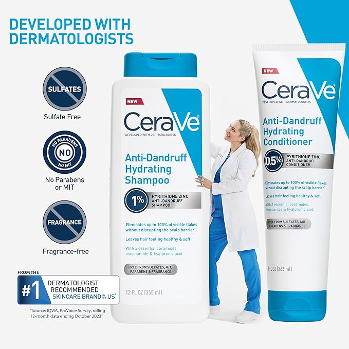 CeraVe Hydrating Anti Dandruff Shampoo, 1% Pyrithione Zinc Dandruff Treatment With Ceramides, Niacinamide, Hyaluronic Acid, Eliminate Flake,Provides Itchy Scalp Relief, Sulfate-Free, 12 Oz (Pack of 2)