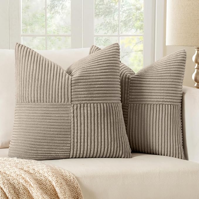 MIULEE Taupe Decorative Throw Pillow Covers for Couch 20x20 Inch | 2 Pack, Boho Farmhouse Pillow Covers, Soft Cross Corduroy Patchwork Textured Cushion Cases For Bed Sofa