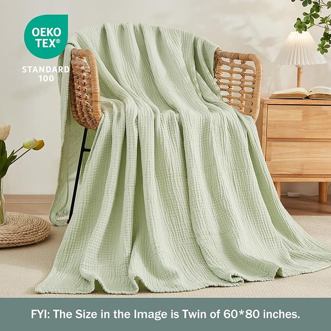 EMME Muslin Blankets for Adults Throw Blanket for Couch Breathable Gauze Soft Lightweight Airy Mint Green Twin XL 66" x 90"