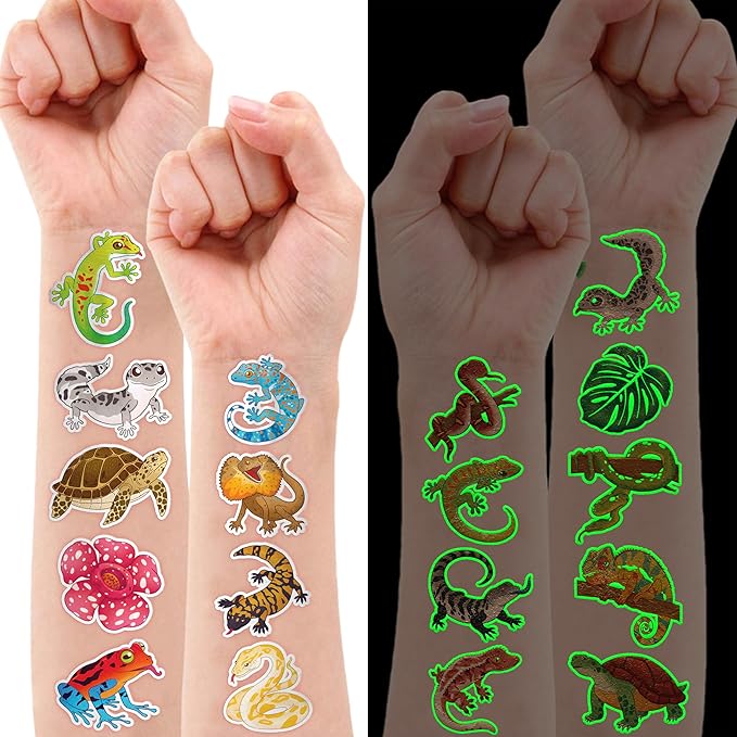 96PCS Reptile Animal Safari Jungle Lizard Pre-Cut Luminous Glow in the dark Temporary Tattoos for Kids | Super Cute Theme Birthday Party Favors Supplies Decorations, Fake Tattoos Gifts for Boys Girls