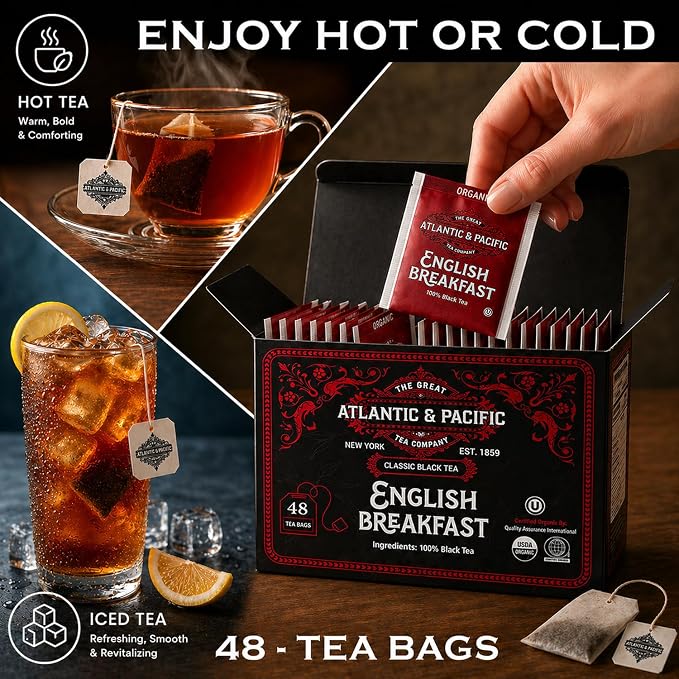 A&P Organic English Breakfast Tea Bags, 48 Count, Full Bodied Rich Black Tea, Bold Flavor, Smooth Finish, Premium Black Tea, Hot or Iced Tea, Morning and Evening Tea, Fresh Aroma, Classic Blend