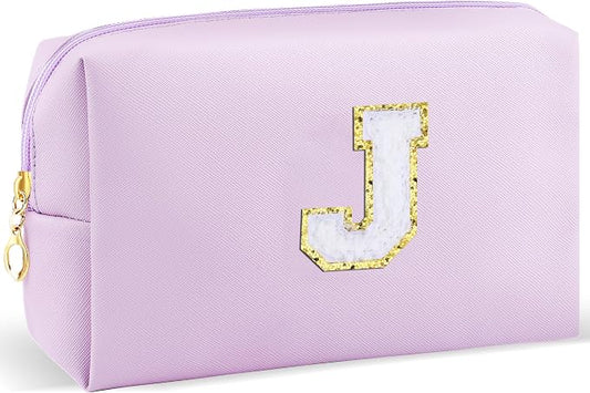 URSKYTOUS Gifts for Girls Initial Makeup Bag Personalized Cosmetic Bag with Zipper Cute Travel Toiletry Bag Waterproof PU Preppy Makeup Pouch Birthday Gift for Teen Girls Women(Purple J)