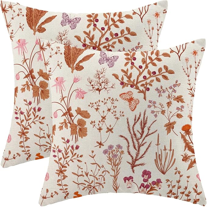 AEIOAE Fall Pillow Covers 18x18 Inch Set of 2,Burnt Orange Wild Flower Plant Throw Pillows Case,Autumn Colored Floral Outdoor Decorative Linen Farmhouse Decor Cushion Covers for Home Sofa Bed Couch