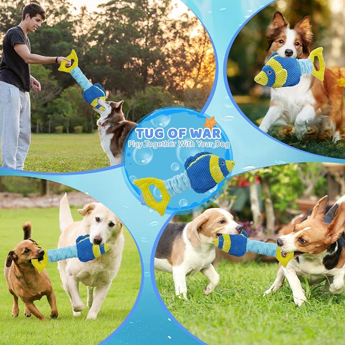 YZHDUXIU Fish Dog Squeak Toys, Elastic Band Tug of War Dog Toy with Crinkle