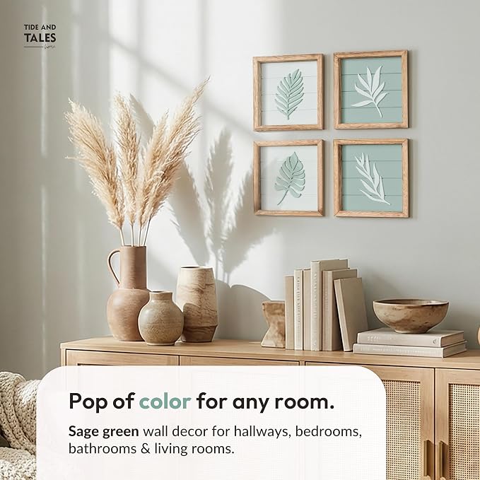 Tide and Tales 3d Sage Green Framed Wall Art, Set of 4, Bathroom Decor | 7" x 7", Lightweight Wood, Bathroom Wall Decor, Botanical Leaf Pictures for Bedroom, Office or Living Room, Hardware Included