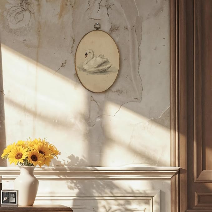 LKETW Vintage Swan Oval Wall Art Decor, Antique Elegant Swan Oval Canvas Hanging Decor, Retro Classical Animal Aesthetic Wall Decorations for Home Bedroom Living Room, 8.6x11.4 Inch