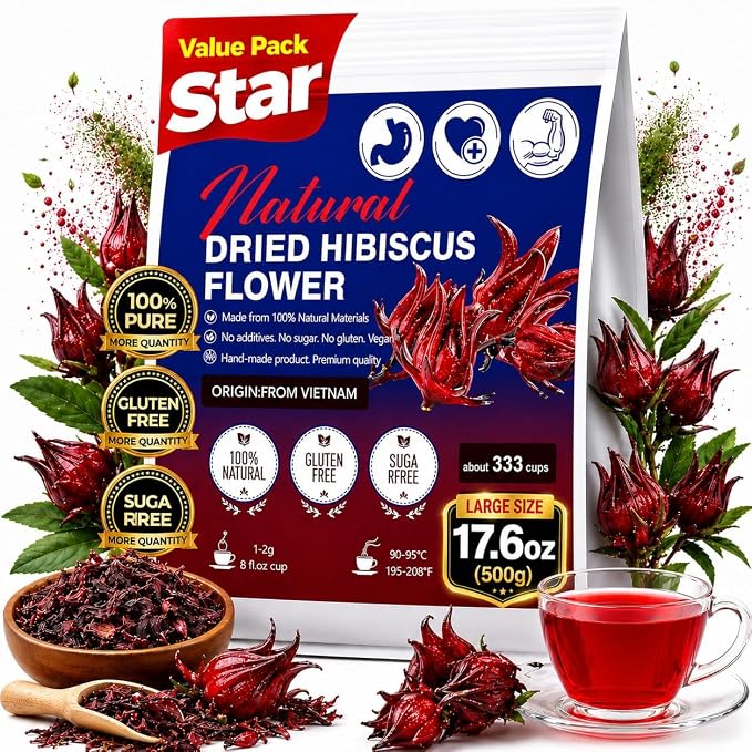 WOTIHA (17.6oz) 100% Natural Hibiscus Flowers tea,Pure from dried Hibiscus Flowers Loose Flower Hibiscus Herbal Tea. Hibiscus Flower Tea. No Sugar, No Caffeine, No Gluten, Vegan.