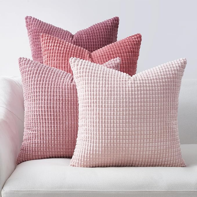 Topfinel 4 Packs Pink Decorative Throw Pillow Covers 22x22 Inch for Living Room Couch Bed Sofa, Boho Western Farmhouse Home Decor, Square Soft Moss Corduroy Fall Cushion Case 55x55 cm
