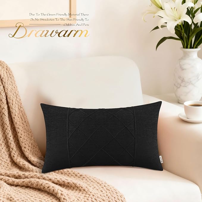 BRAWARM Chenille Throw Pillow Covers 12x20 Inches, Black, 2 Pack | Decorative Lumbar Pleated Pillow Covers, Soft Cushion Cases for Sofa Bed Living Room Home Farmhouse (No Insert)