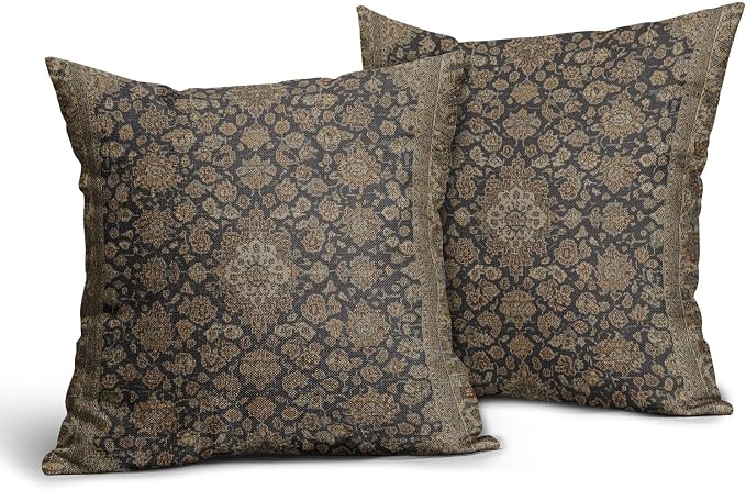Vintage Boho Carpet Brown Black Pillow Covers 16x16 Inch Set of 2 Antique Bohemian Floral Print Linen Throw Pillow Cases Outdoor Linen Cushion Cover Farmhouse Decor for Bedroom Home Sofa Couch Bed