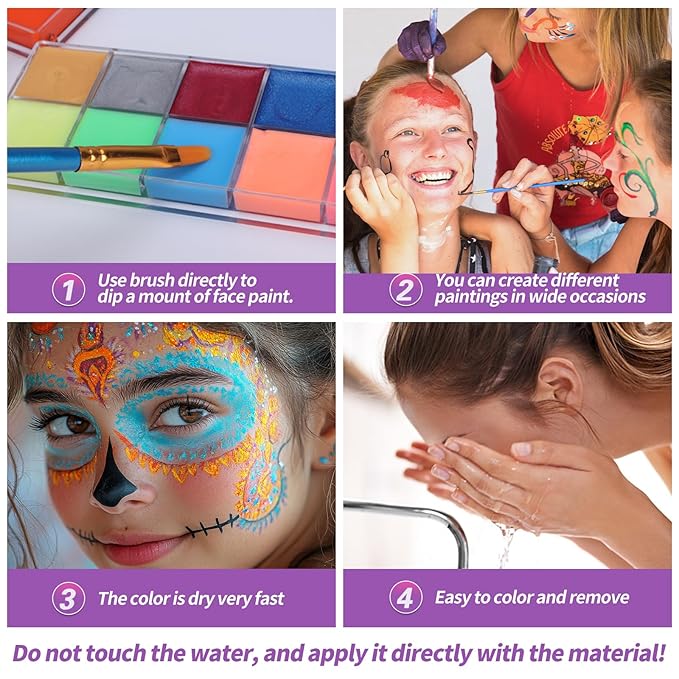 VESPRO Professional Face Body Paint Kit,42 Colors Oil Face&Body Paint Kit (26 Classic Colors+10 Metal Colors +6 UV Glow Colors) with 10 Size Brushes 4PCS Reusable Large Face Stencils and 4PCS Small Paint Stencils for Kids’ and Adults’ Halloween Makeup